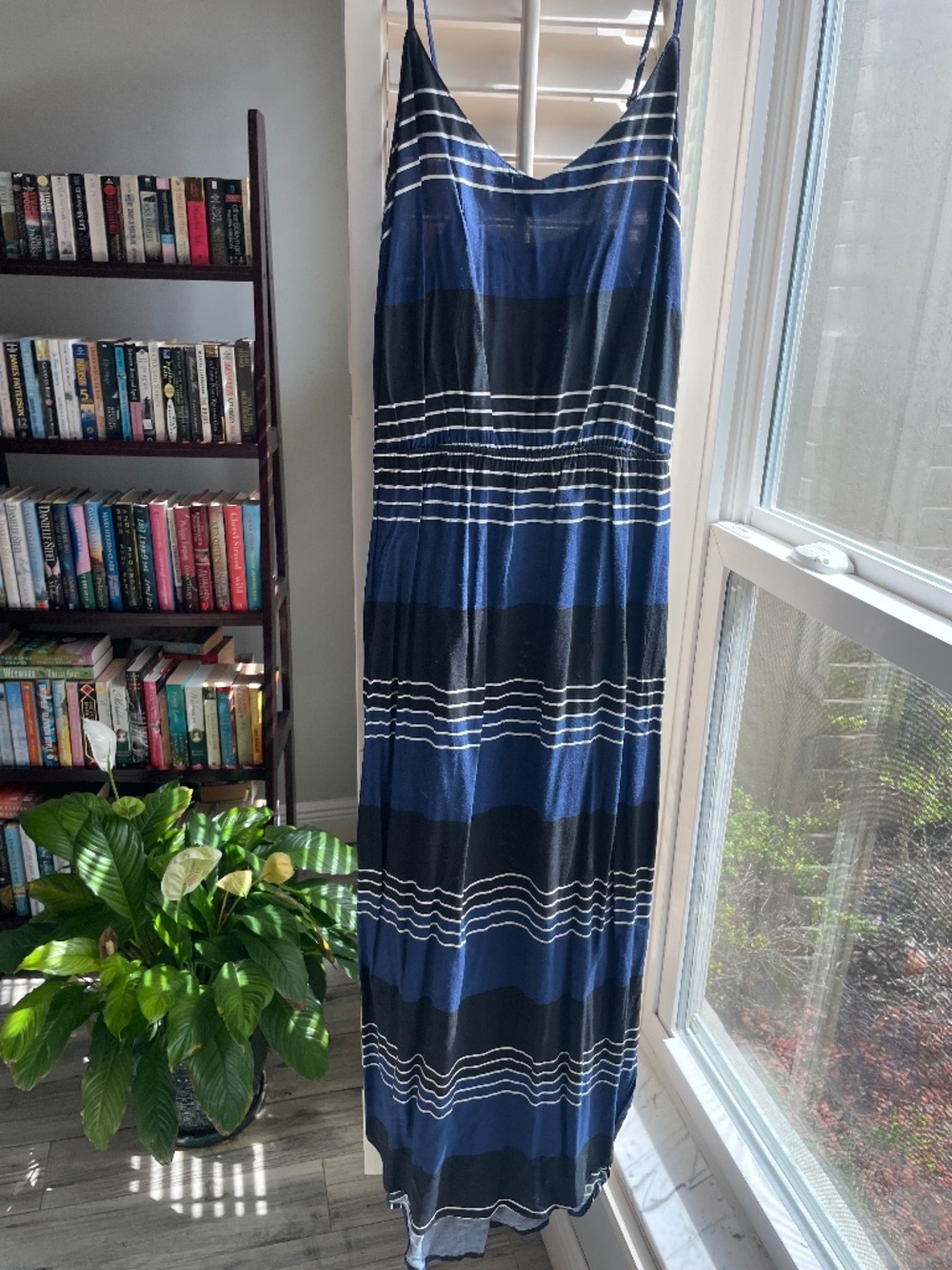 Old Navy Maxi dress blue with black, white stripes, size small